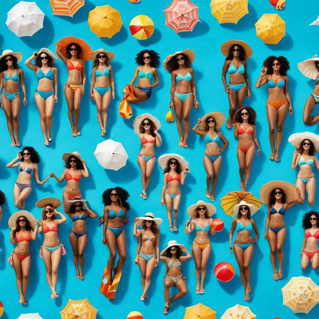 A vibrant beach scene featuring diverse women of different body types and ethnicities, joyfully showcasing various stylish bikinis and chic summer attire. The background highlights golden sands, turquoise waters, and a bright blue sky filled with fluffy clouds. Accessories like sun hats and sunglasses should be prominently displayed to enhance the summer vibe. Include playful beach elements such as umbrellas and beach balls. super-realistic. vibrant colors. bright background.